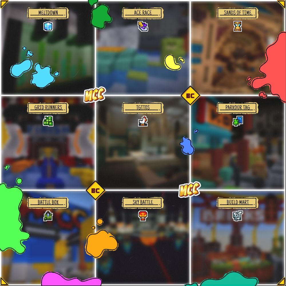 Blurry game maps and paint splotches.