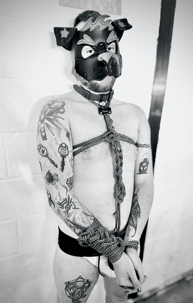 Black and white: A pup tied with a rope gauntlet and small rope harness, in a jockstrap and industrial building