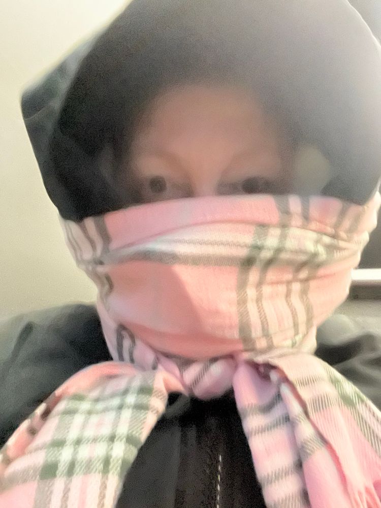 Eyes peeking out of a hood & covered by a scarf 
