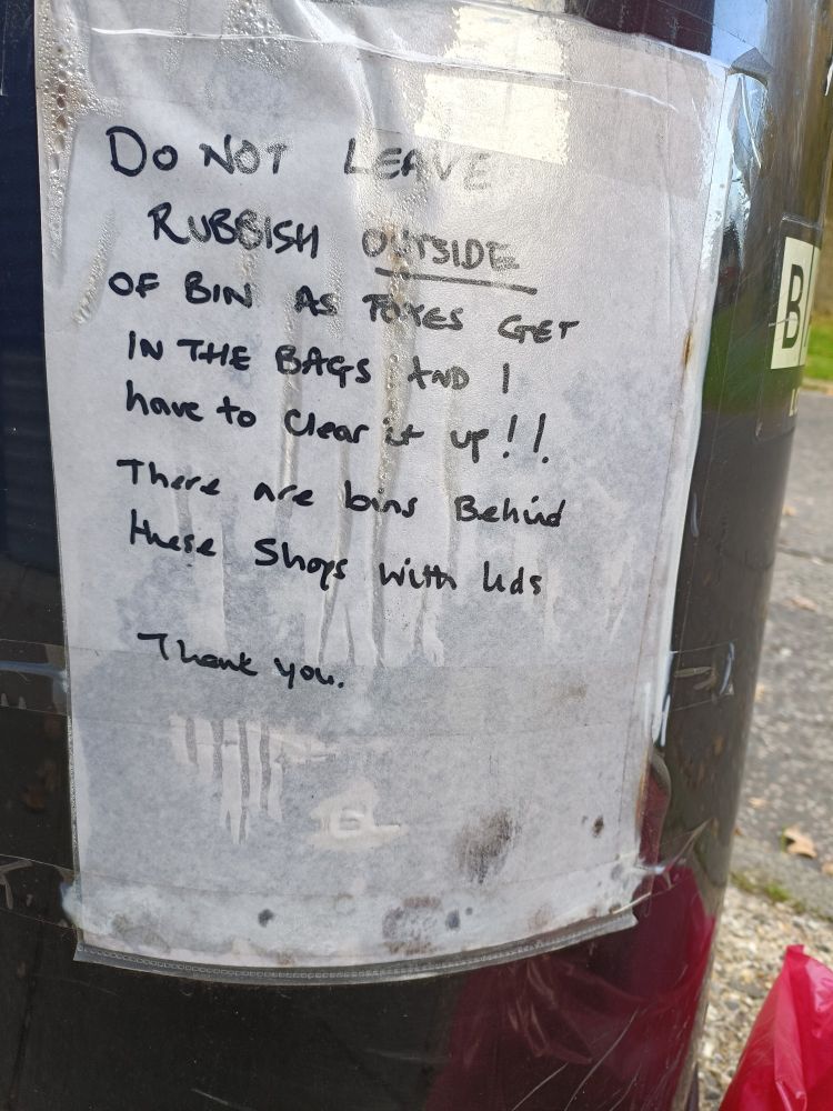 Handwritten sign, taped to a public bin, asking people very nicely not to leave bags of trash next to the bin as it encourages foxes to help themselves and causes a horrible mess. It also points out that there are bins with lids meant for actual rubbish six feet away. The writer even thanks people in advance.