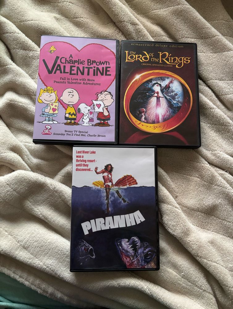 A Charlie Brown Valentine, Lord of the Rings: Original Animated Classic, and Piranha ‘78 all on DVD.