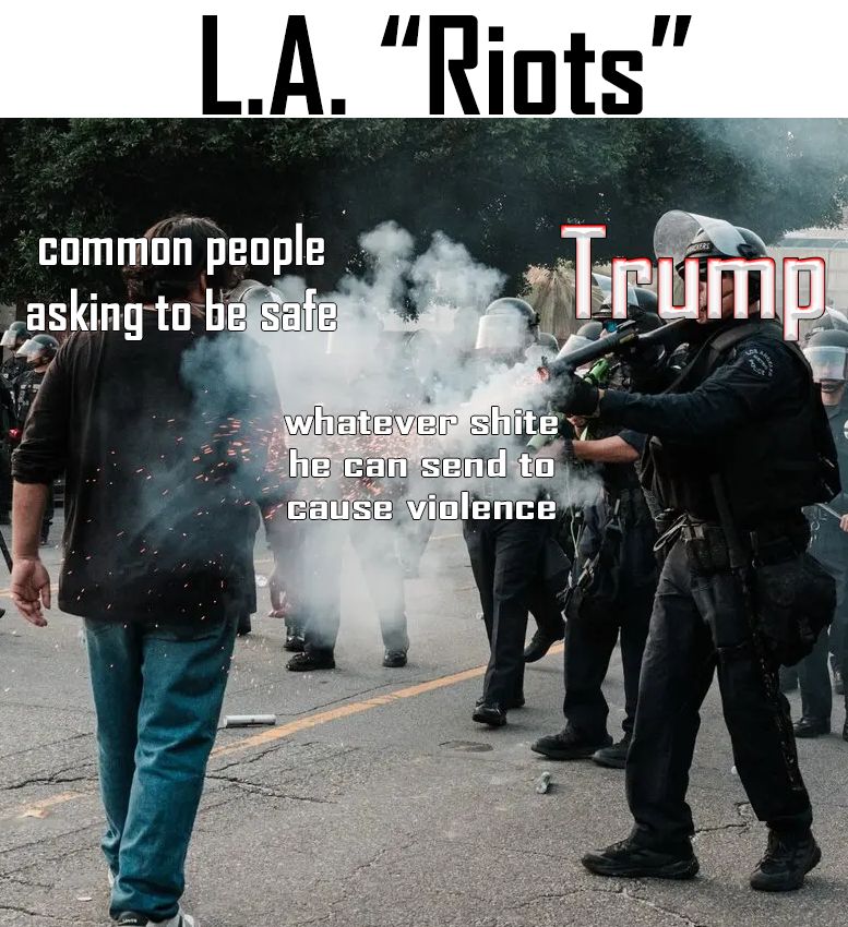 L.A. "Riots" showing an image of a man walking peacefully while a solider fires smoke at him. on top of the man, text says "common people asking to be safe", over the solider it says "trump" highlighted, over the smoke it says "whatever shite he can send to cause violence"