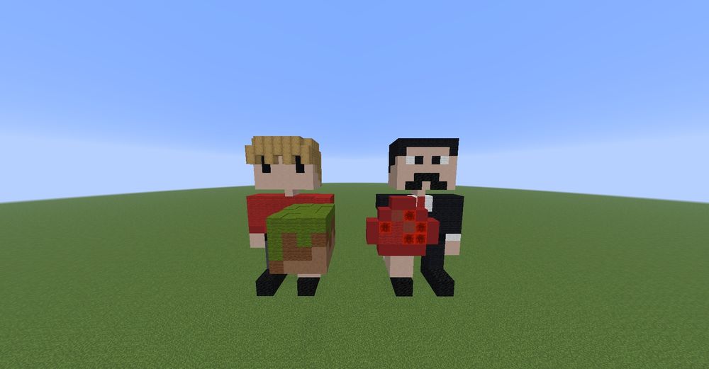 Grian and Mumbo Built in Minecraft, Grian is holding a grass block and Mumbo is holding a redstone dust item.