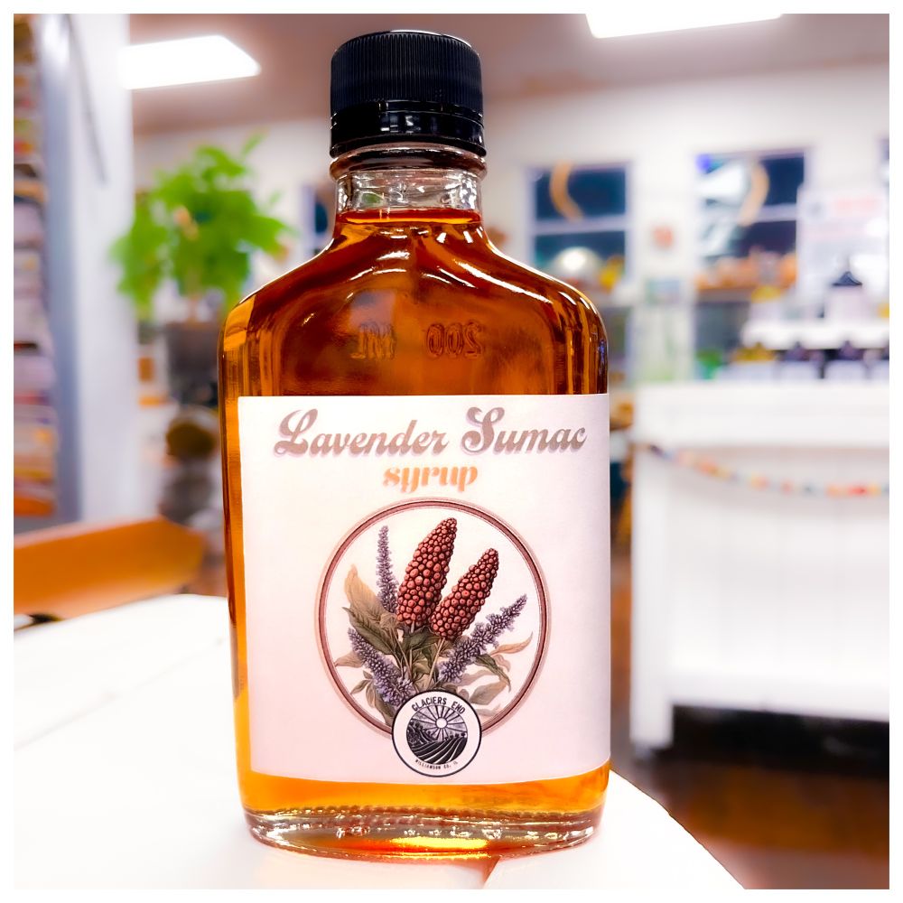 A picture of our lavender sumac syrup in our storefront. 