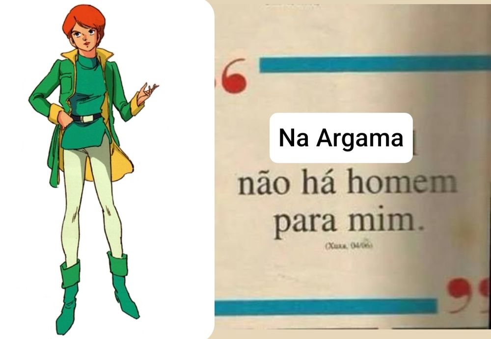 Meme da Xuxa "No Brasil não há homem para mim" editado com Reccoa Londe dizendo "Na Argama não há homem para mim" 