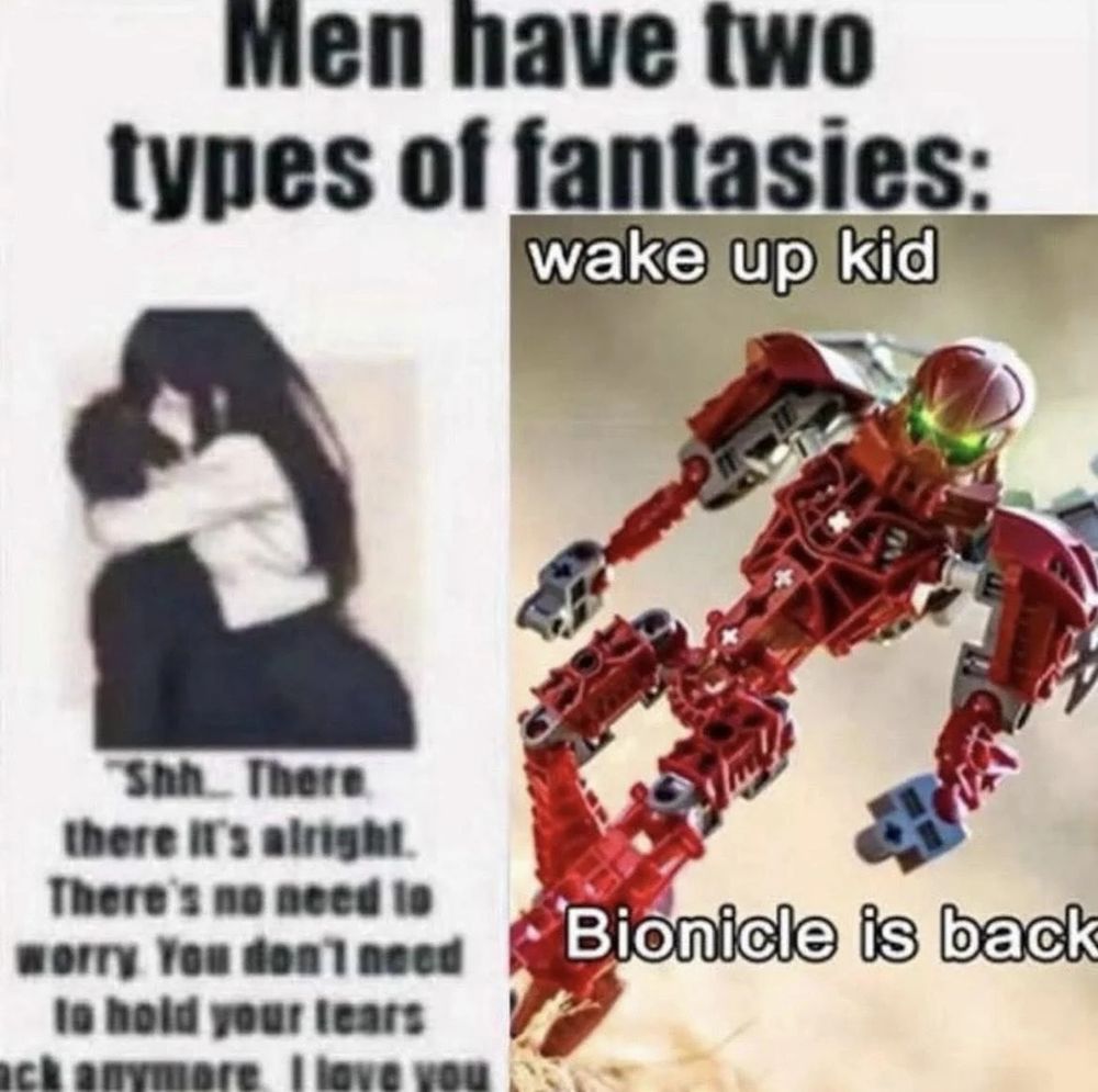 Meme of men having two types of fantasies. 

On the left is a low-resolution image of a man being embraced by a woman saying "Shh... There there it's alright. There's no need to worry. You don't need to hold your tears back anymore. I love you."

On the right is Toa Metru Vakama with the text reading "wake up kid Bionicle is back"