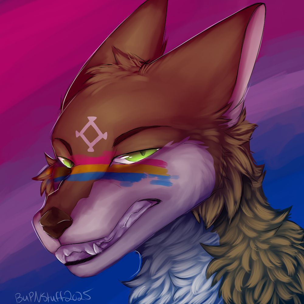 A dingo with the pansexual pride colors painted across his muzzle, snarling.