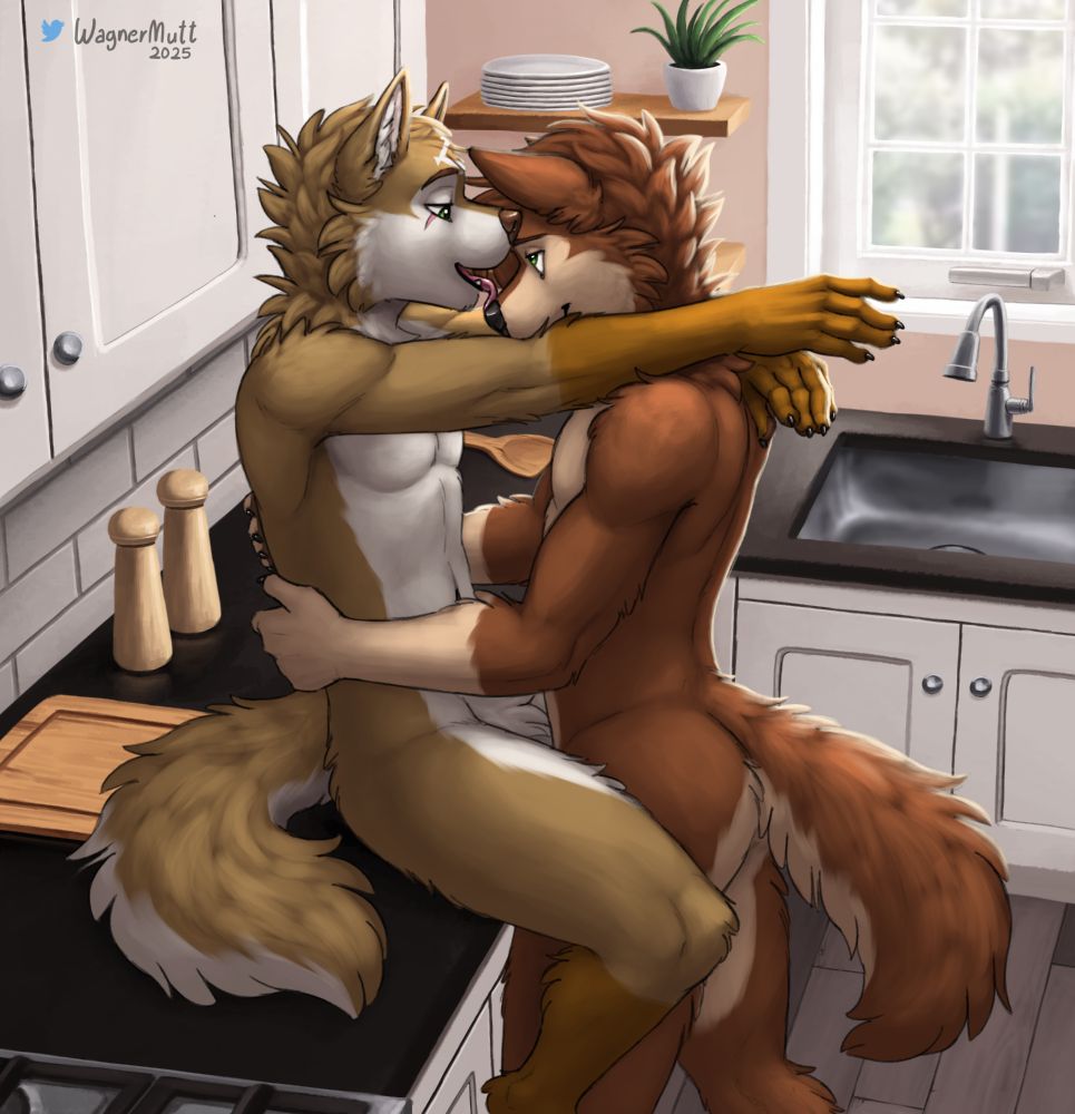 An anthropomorphic dingo sits on a kitchen counter, hugging and embracing an anthropomorphic dog.