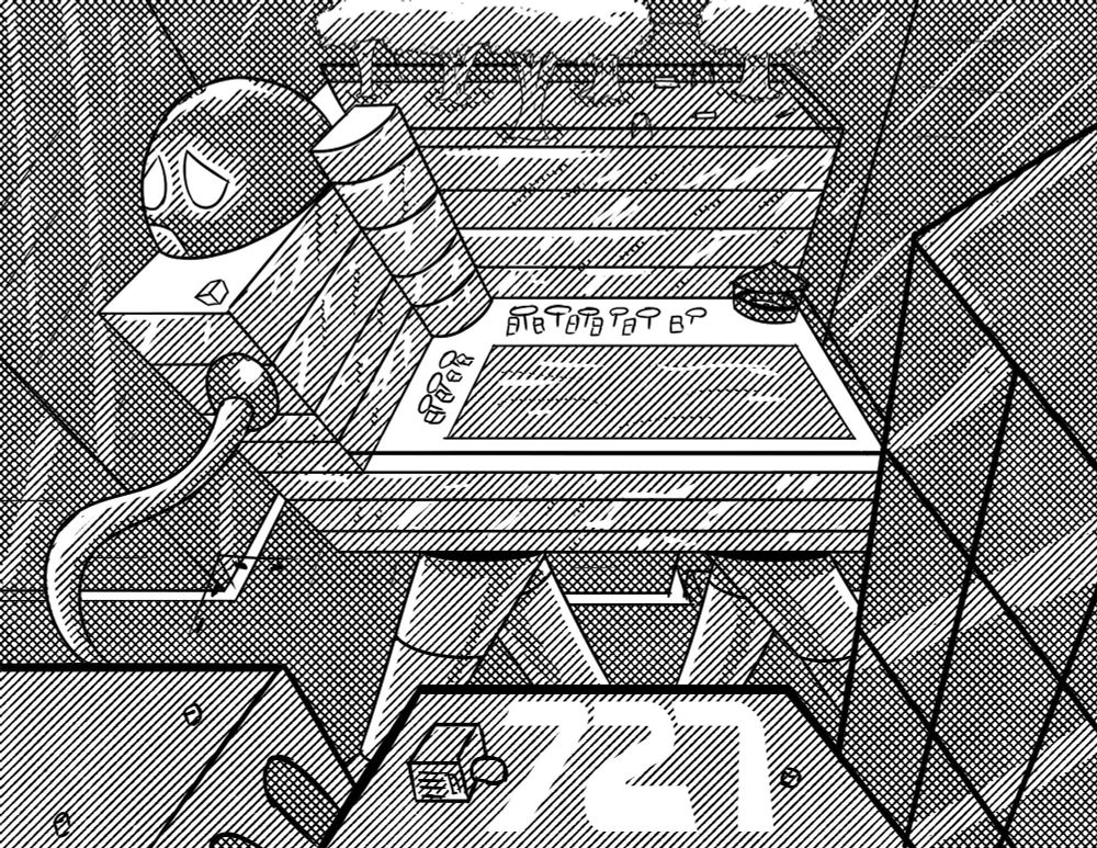 The Mobile Elder Care Center. This "kaiju" size robot is actually a walking building. It consists of a several story tall "L" shaped building. A large pool area. Several floor tall "basement" area. There's also an area with trees on the roof of one section, while the giant head is on the other. 
It moves around on 4 legs and has tentacle like arms coming off the side. 
This one is moving through a city area. 