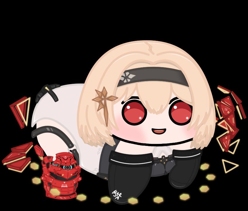 Red Shoes, with her R.E.D.S. fully deployed, which is a very agile melee combat gear, capable of dealing powerful physical blows to an enemy.

She seems quite happy... (Red Eyes version).

Doro (Dororong) is a meme from Goddess of Victory: NIKKE, based on the character Dorothy.