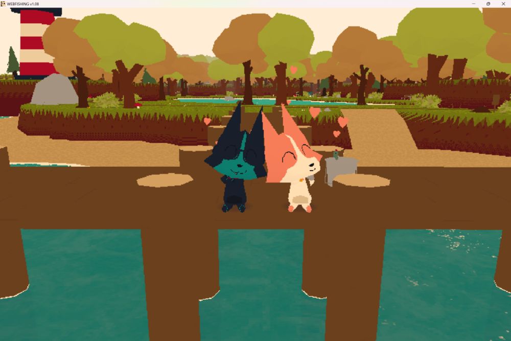 A screenshot of the game "Webfishing". Two dogs are sitting next to eachother, and are smiling with hearts around their heads. 