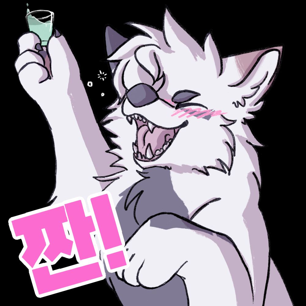 Soba, a white dog with light grey markings, holding up a shot glass and cheering. The Korean word for cheers is written on the bottom left. 