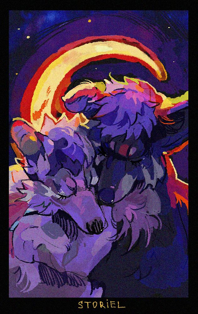 A drawing of Orion, a blue dog, and Soba, a white fox dog with their heads together, with a crescent moon in the background. Art by @storiel.bsky.social 