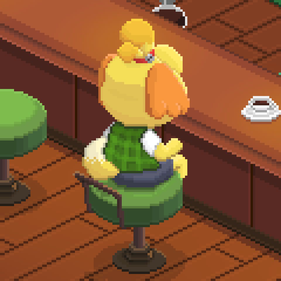Isabelle sitting on a stool in Brewster's cafe