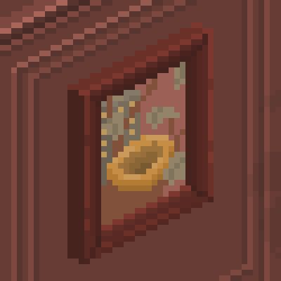 A close up of one of the paintings hanging in The Roost. It's a closeup of a bird's nest sitting on a branch with a tall building in the distance