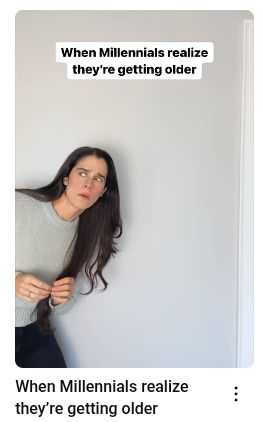 En thumbnail av en Youtube shorts-video med titeln "When Millenials realize they're getting older".

Bilden visar en kvinna som tittar in i bild från ena sidan med en orolig blick snett utåt i bild. Titeln på videon står även som textning längst upp i bild.