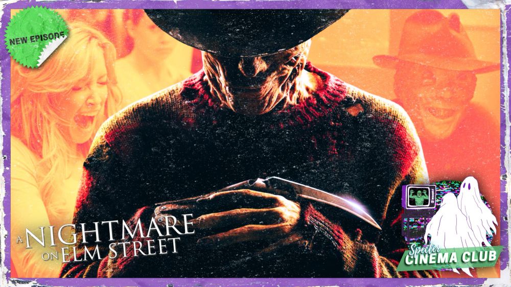 A podcast thumbnail for A NIGHTMARE ON ELM STREET (2010), featuring Freddy Krueger (Jackie Earl Haley) with his head down smiling. In the background a gal is screaming 