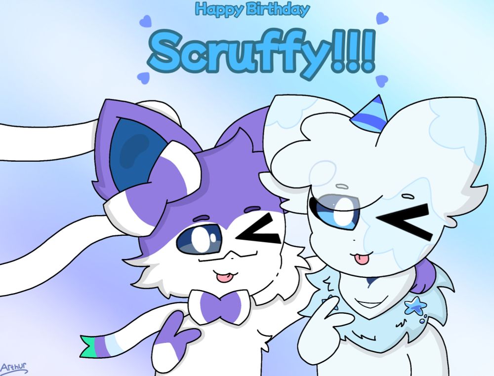 A purple Sylveon with glasses smiling and bleping, and almost hugging a white eevee with a star on the left eye smiling and bleping too
