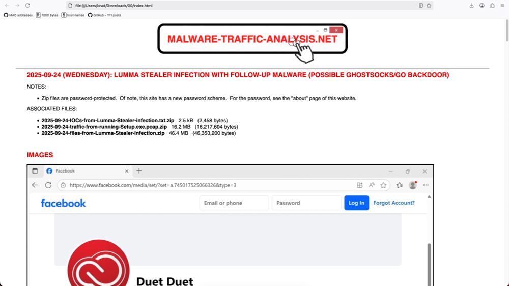 Screesnhot of the page from my blog with the traffic, malware files, and indicators of compromise for this Lumma Stealer infection.