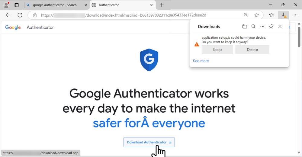Screenshot of fake Google Authenticator site seen on 2025-01-22 sending a malicious file to download.