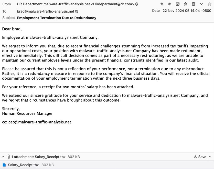 Screenshot of malicious spam (malspam) with malware file attachment.