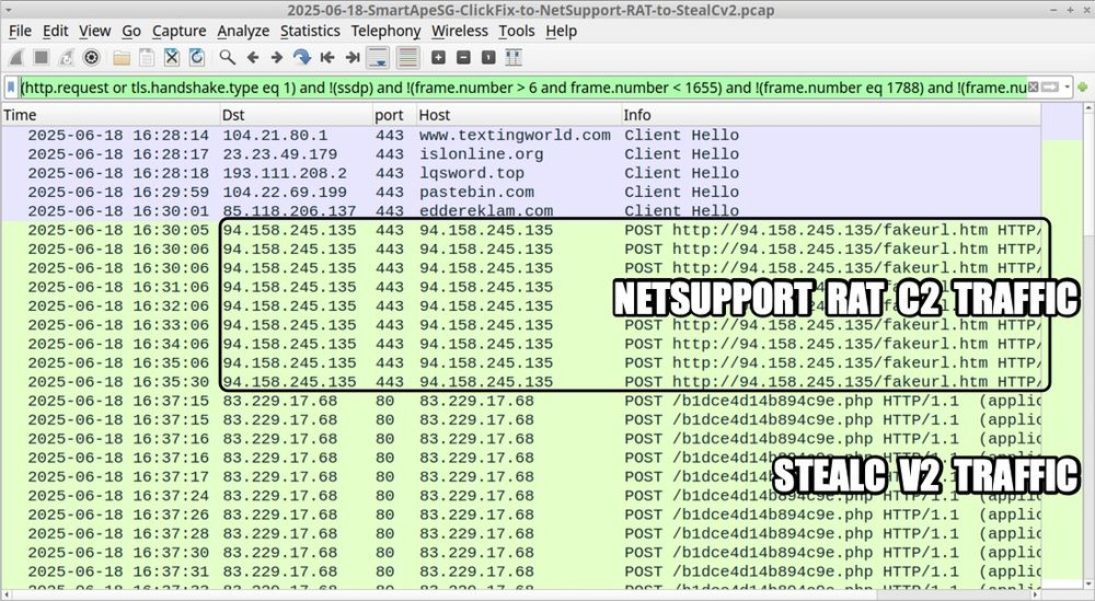 Traffic from an infection filtered in Wireshark.  This shows the NetSupport RAT C2 traffic and StealC v2 traffic.