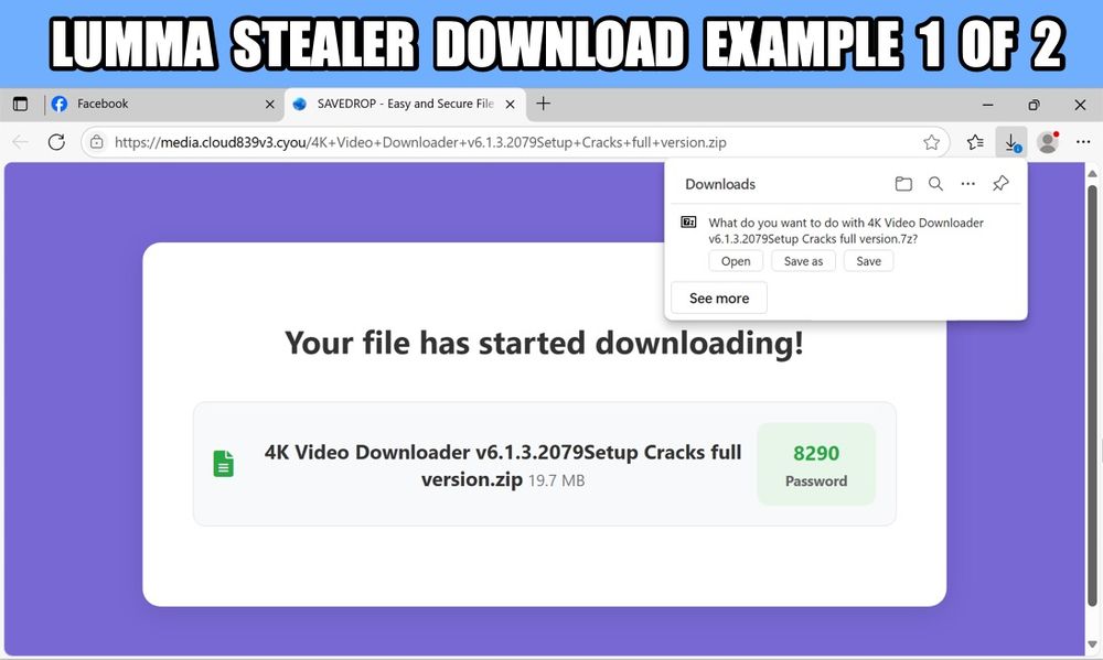 Screenshot of downloading a password-protected 7-zip archive for Lumma Stealer through a web browser, example 1 of 2.