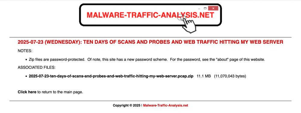 Screenshot of the page from my web site to download a password-protected zip archive containing the pcap.