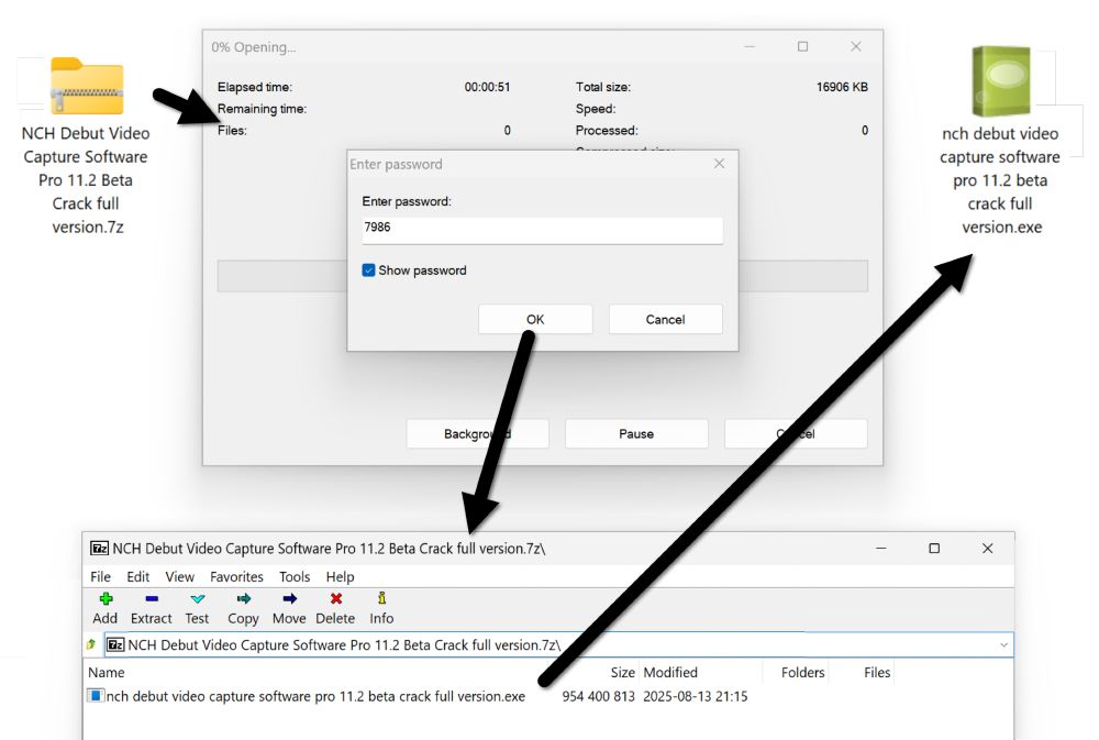 Extracting a malicious Windows executable file that will install Lumma Stealer from the password-protected 7-zip archive.  The extracted file is named "NCH Debut Video Capture Software Pro 11.2 Beta Crack full version.exe" in an attempt to disguise it as a software crack.