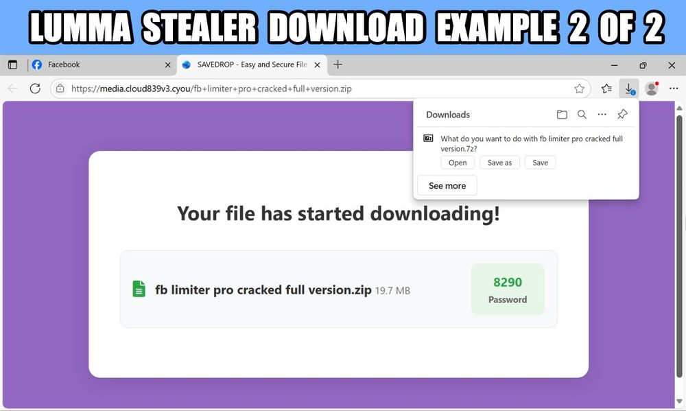 Screenshot of downloading a password-protected 7-zip archive for Lumma Stealer through a web browser, example 2 of 2.