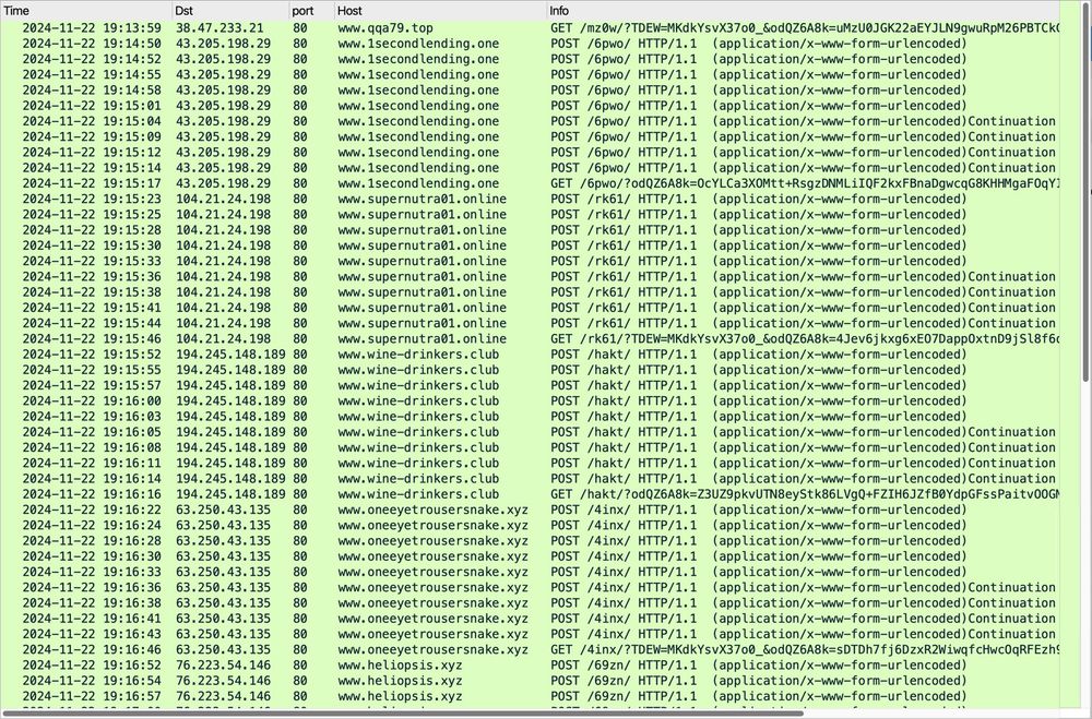 Traffic from the XLoader (Formbook) infection filtered in Wireshark.