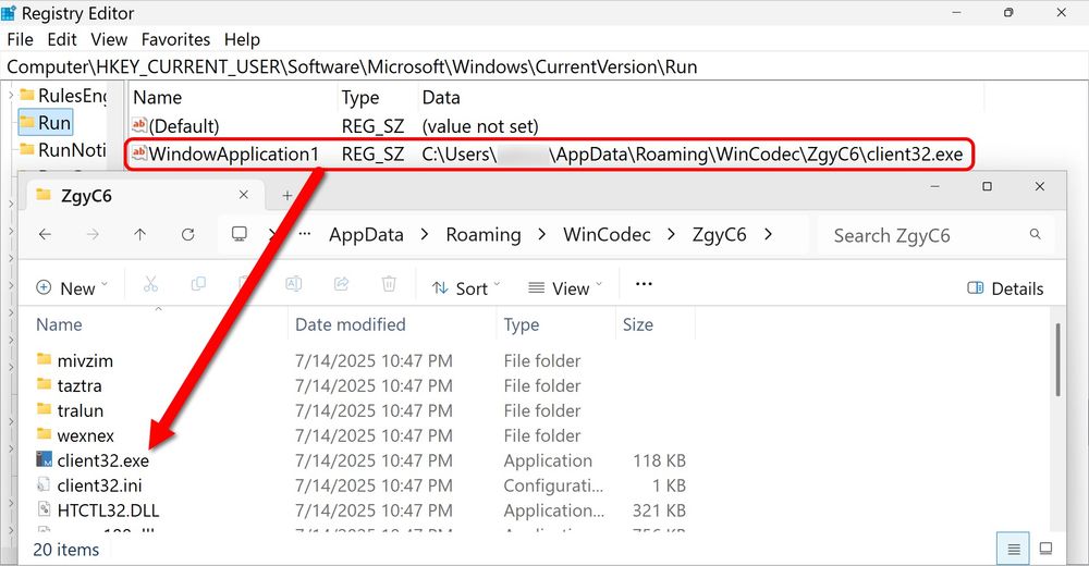 NetSupport RAT persistent on an infected Windows host through a Windows registry update.