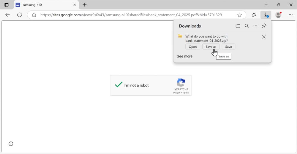 Screenshot of a web browser when downloading one of the zip archives for Koi Loader / Koi Stealer from one of the Google Sites URLs.
