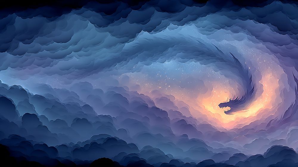 A whirlwind in the shape of a dragon --chaos 30 --ar 16:9 --sref 1707201494 439112392 --stylize 450