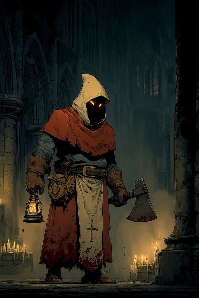 A ritualistic fantasy executioner, with a pale muscular build, wears blood-stained robes and ornate armor beneath a white hood with glowing orange eyes. A massive double-bladed bloodied axe rests in his hands. A metal censer hangs from his belt beside a rune-marked scroll cloth. Eerie mist gathers around him inside a gothic cathedral with dramatic lighting. Artstation style loose fantasy painting. --chaos 30 --ar 2:3 --raw --sref 4123415259 --stylize 450