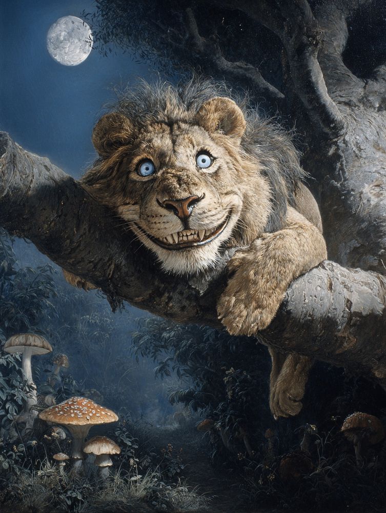 A lion version of the Cheshire Cat, surreal and grinning with wide luminous eyes, lounging on a twisted tree branch in a dreamlike forest its mane swirls with colors like smoke, fading into invisibility at the edges strange mushrooms glow below, the moon hangs too close in the sky, fantasy illustration, hyper-detailed, by Brian Froud and John Blanche. --chaos 45 --ar 3:4