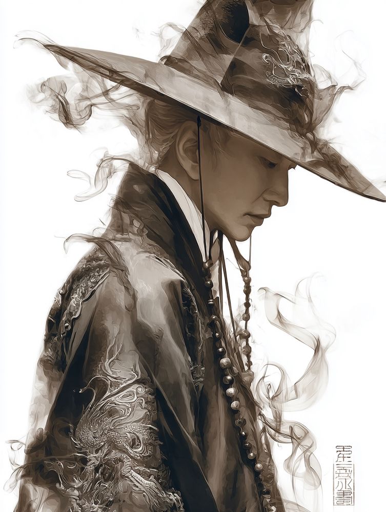 Ethereal Chinese ink-wash painting of a Chinese opera performer in a flowing dragon-embroidered silk robe, ornate hat with wide side ornaments, serene and otherworldly expression, soft monochrome tones, drifting ink clouds, delicate mist and vapor blending with the robes, fluid sumi-e brushwork, dreamlike atmosphere, luminous ink textures, ancient scroll art style, graceful and timeless composition --chaos 30 --ar 3:4 --stylize 450