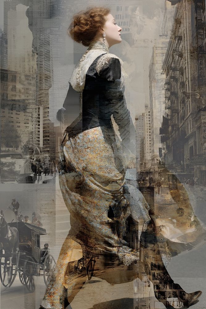Enikarua, a time-traveler in elaborate Edwardian costume, being pulled backwards through the 1970s surreal photo collage and double exposure style fragments of bell bottoms, lava lamps, Brutalist buildings, disco lights dissolving into gas lamps, horse-drawn carriages, and sepia cityscapes Enikarua’s face flickering between eras, layered with torn photographs, analog TV static, and ticking clocks dramatic chiaroscuro lighting, vintage textures, grainy film effect disorienting, dreamlike atmosphere" --chaos 30 --ar 2:3 --quality 2 --raw