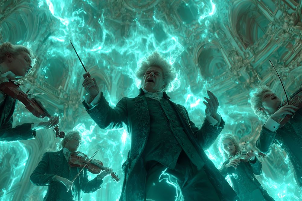 Wolfgang Amadeus Mozart stands at the center of a grand rococo hall, conducting an electrified baroque orchestra. Harpsichords surge with blue plasma, violins glow with golden light, and lutes shimmer with holographic strings. His powdered wig flares wildly, his brocade coat illuminated by arcs of lightning from his fingertips. Frescoes pulse with neon turquoise light as cherubs of circuitry whirl through radiant air. The scene bursts with chiaroscuro contrast and radiant color bloom, rendered as painterly concept art, baroque-cyberpunk fusion, ultra-detailed, epic atmosphere. --chaos 30 --ar 3:2 --stylize 450