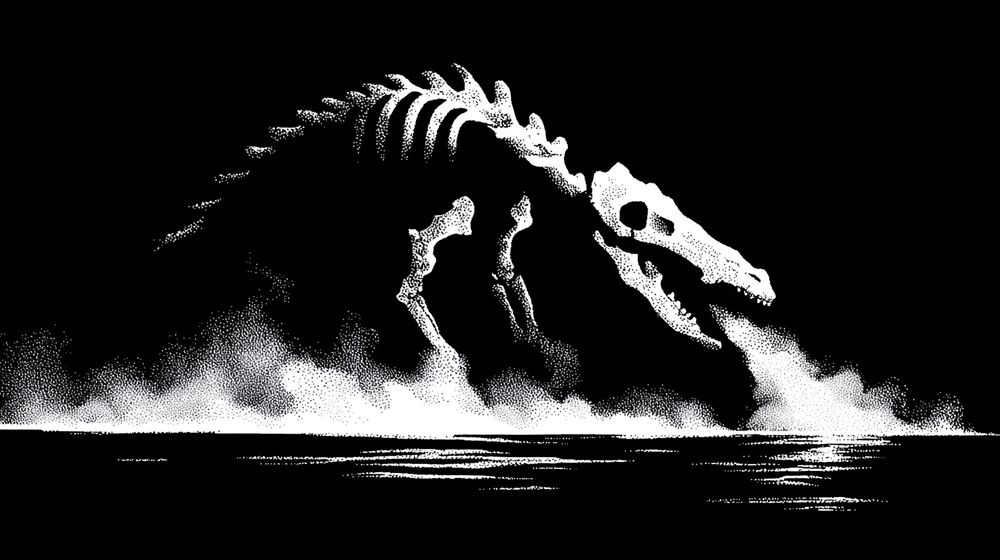 Skelmarin, the Drowned Spirit a colossal spectral figure emerging from rolling sea fog along a moonlit shoreline, its ghostly bones faintly visible through mist, whale-like ribs arching upward over dark water, a dim lantern glow burning inside its hollow skull and glimmering across wet sand, cinematic and painterly realism, volumetric fog, cold moonlight reflections --chaos 35 --ar 16:9 --raw --sref 234651184 --stylize 500