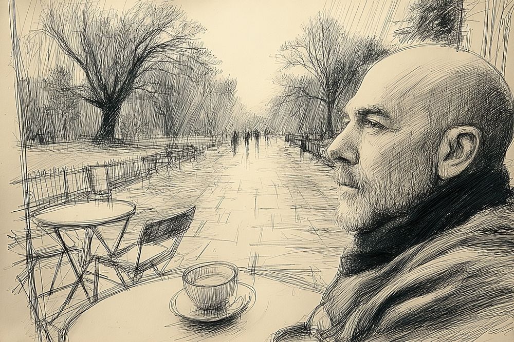 A bald man seated outside a small café in an English park, sipping a hot coffee under a grey winter sky, bare trees and damp pathways, muted colours, soft diffused light, light drizzle on metal café tables, cozy solitude, subtle candid composition, naturalistic detail, --chaos 30 --ar 3:2 --sref 4215248116 --stylize 250