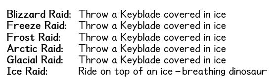 A list of Kingdom Hearts abilities.
     Blizzard Raid: Throw a Keyblade covered in ice
     Freeze Raid: Throw a Keyblade covered in ice
     Frost Raid: Throw a Keyblade covered in ice
     Arctic Raid: Throw a Keyblade covered in ice
     Glacial Raid: Throw a Keyblade covered in ice
     Ice Raid: Ride on top of an ice-breathing dinosaur