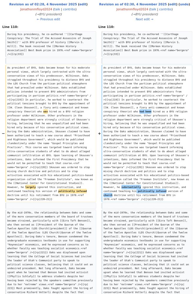 Wikipedia Edit History entry for Dallin H. Oaks

/* BYU president */
